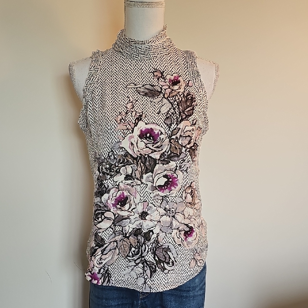White House Black Market Floral Tank Top - Black, Purple, Cream